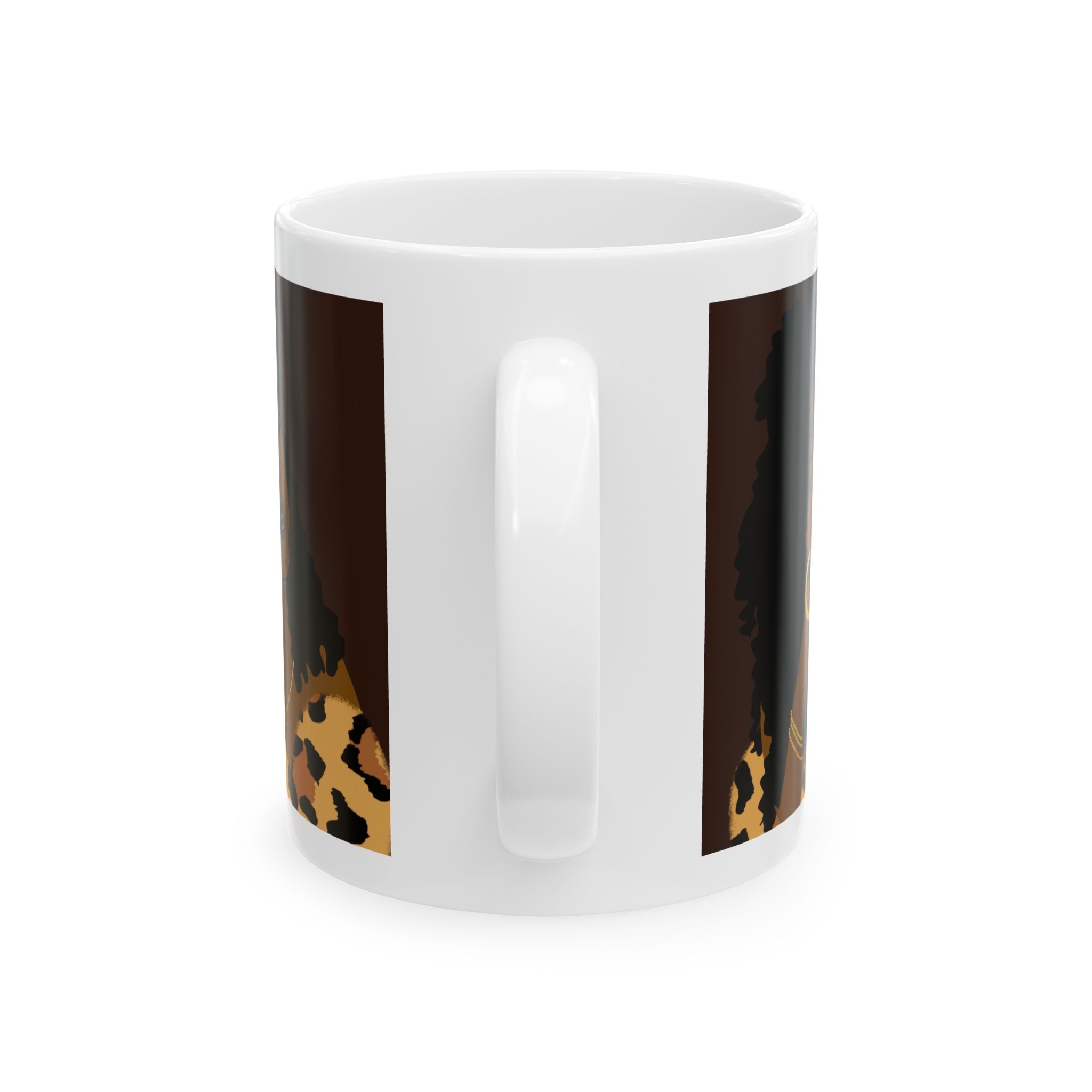 Leopard Print Afro Ceramic Mug — Bold Black Woman Art Coffee Cup (11oz/15oz)