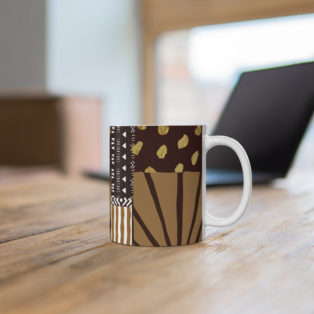 11oz Ceramic Mug — Boho Earth Tone Tribal Pattern (Brown & Gold)