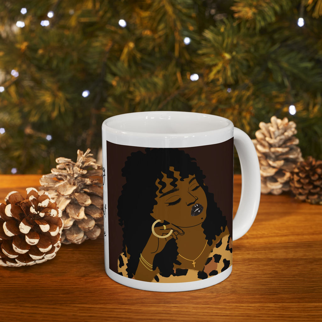 Leopard Print Afro Ceramic Mug — Bold Black Woman Art Coffee Cup (11oz/15oz)