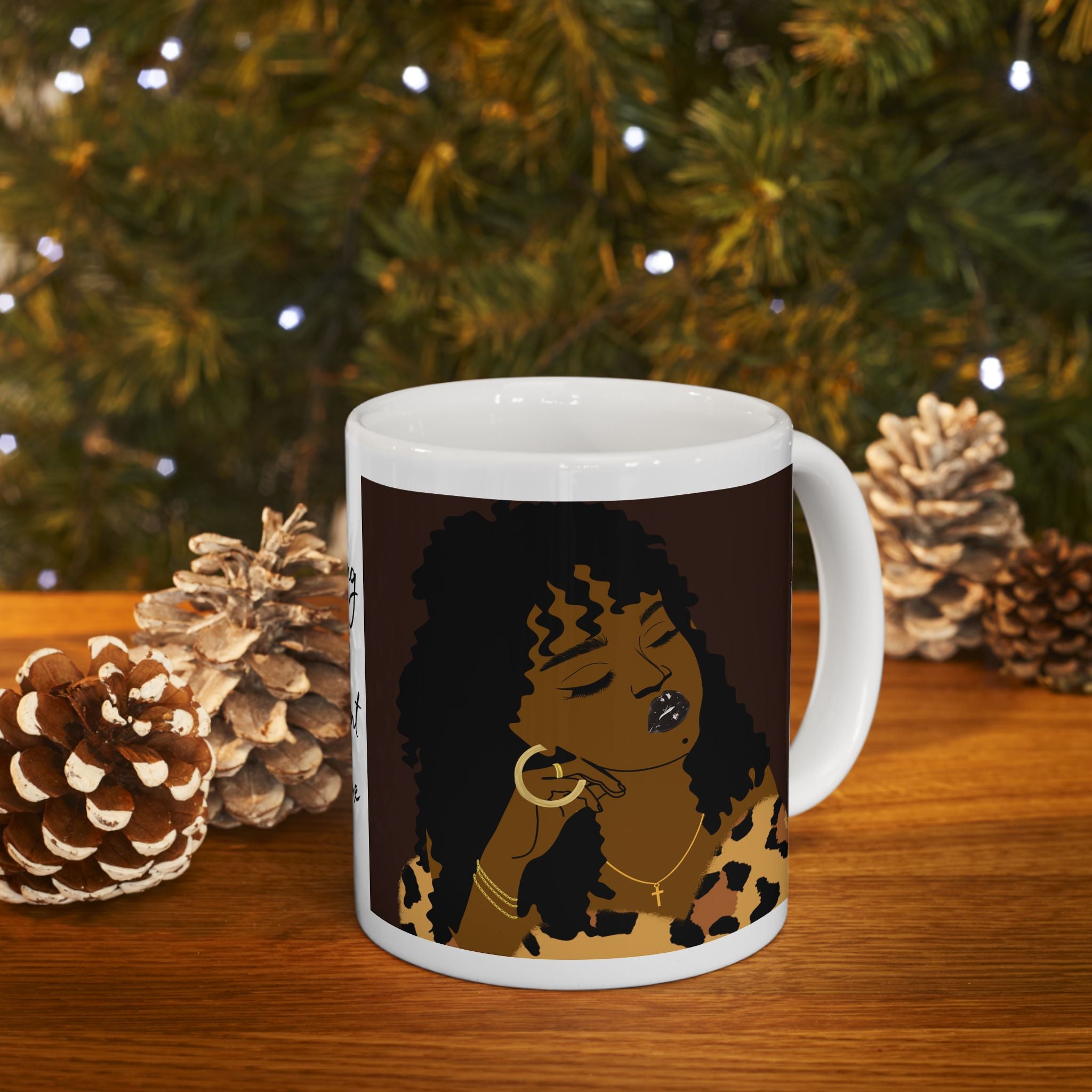 Leopard Print Afro Ceramic Mug — Bold Black Woman Art Coffee Cup (11oz/15oz)