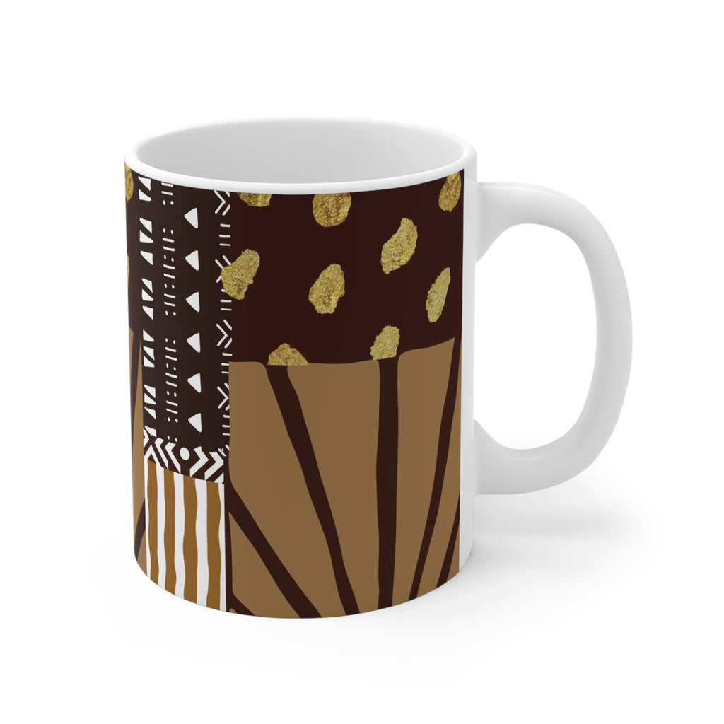 11oz Ceramic Mug — Boho Earth Tone Tribal Pattern (Brown & Gold)