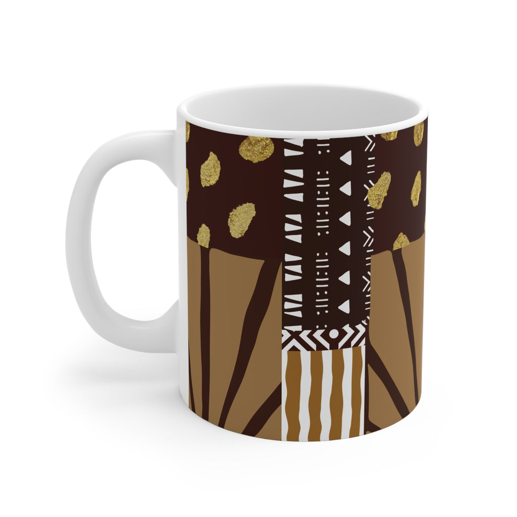 11oz Ceramic Mug — Boho Earth Tone Tribal Pattern (Brown & Gold)