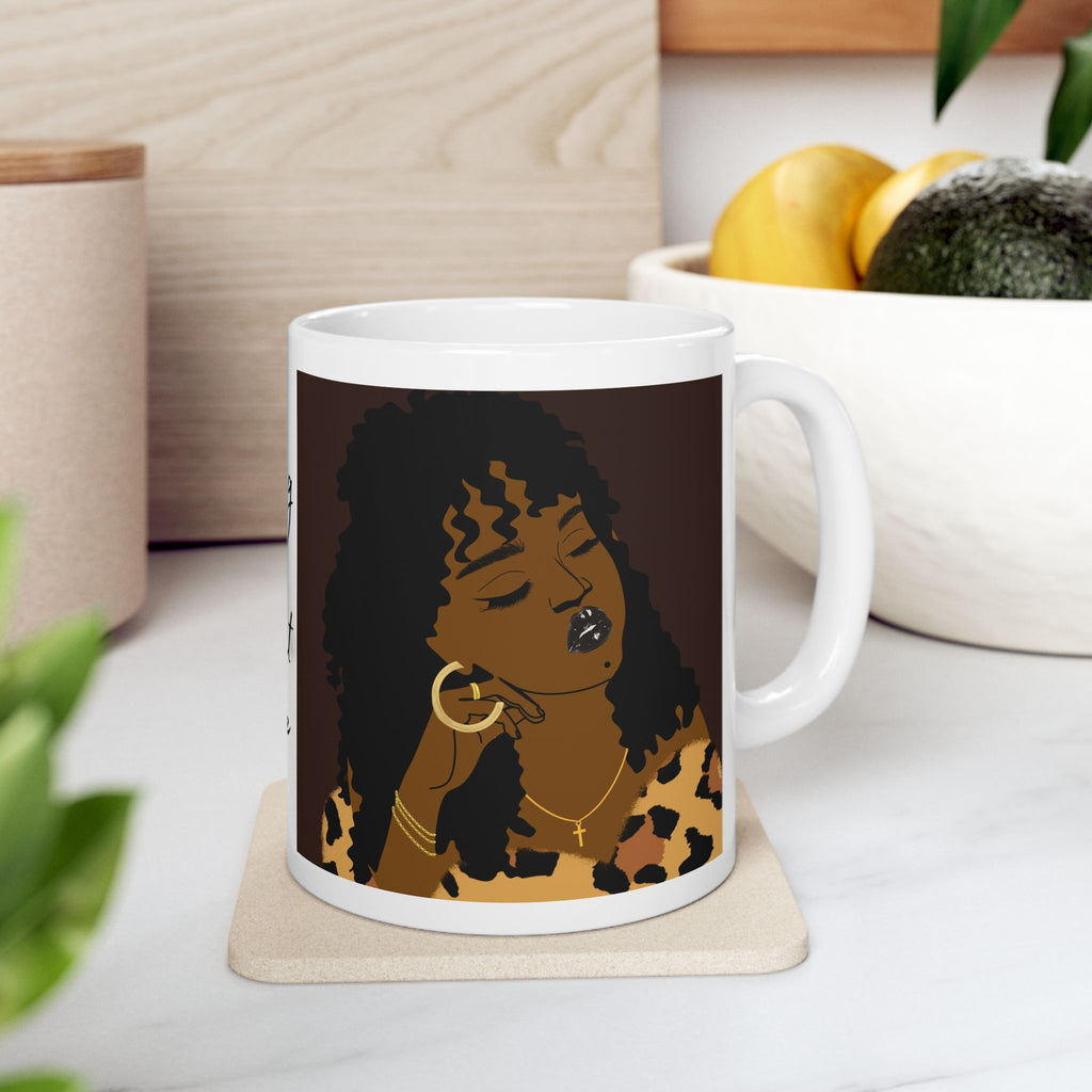 Leopard Print Afro Ceramic Mug — Bold Black Woman Art Coffee Cup (11oz/15oz)