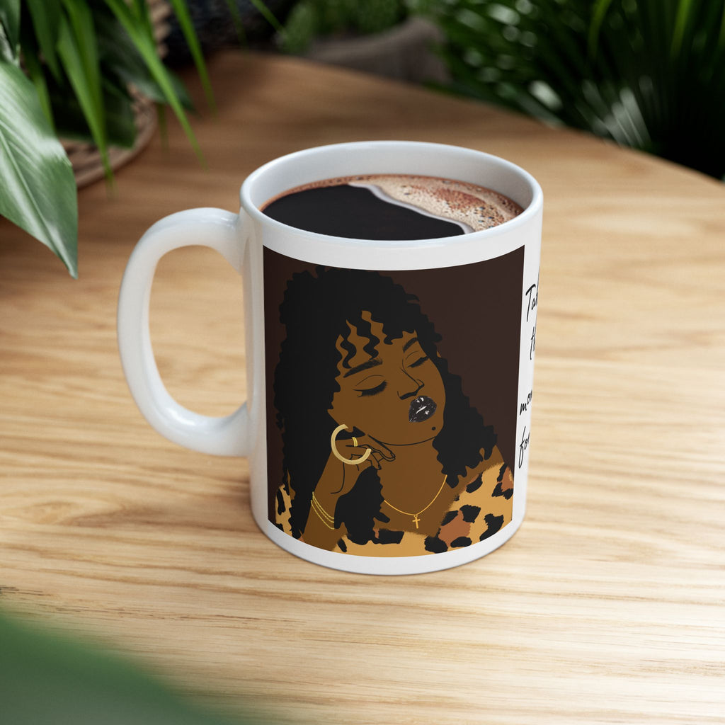 Leopard Print Afro Ceramic Mug — Bold Black Woman Art Coffee Cup (11oz/15oz)