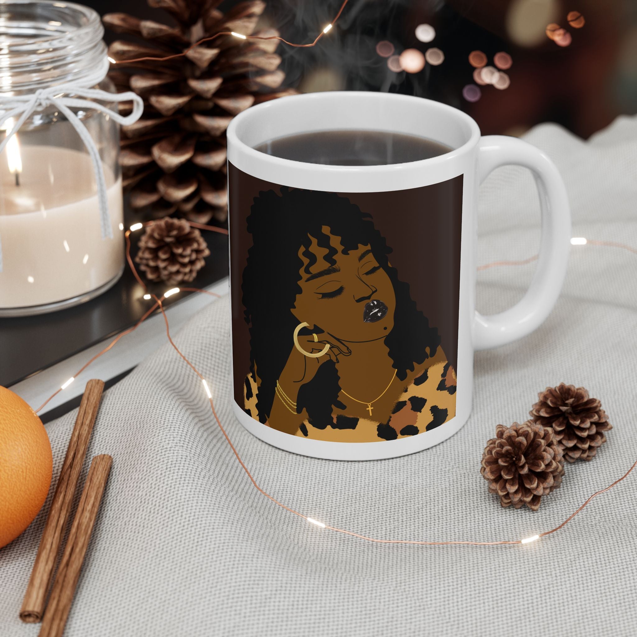 Leopard Print Afro Ceramic Mug — Bold Black Woman Art Coffee Cup (11oz/15oz)
