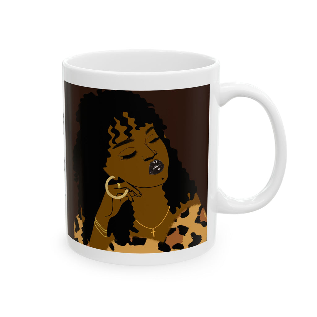 Leopard Print Afro Ceramic Mug — Bold Black Woman Art Coffee Cup (11oz/15oz)