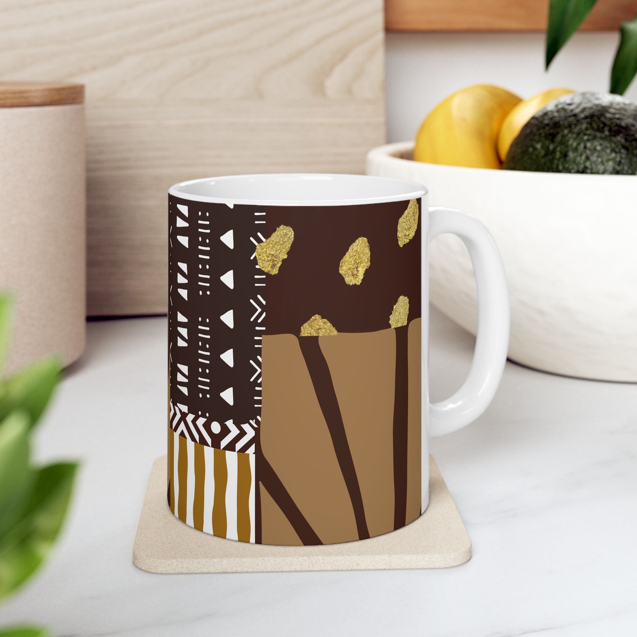 Boho Earth-Tone Ceramic Mug — 'Iyabo’s Treasure' Brown & Gold  (11oz)