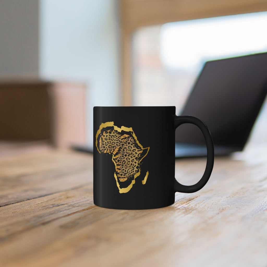 Okán Mi Afrika in Leopard Print — Black Ceramic Coffee Cup (11oz)