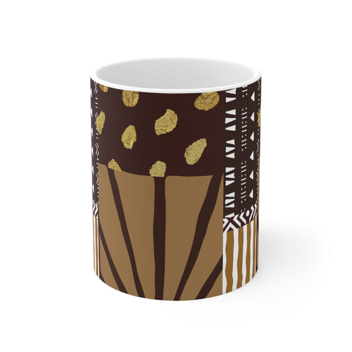 11oz Ceramic Mug — Boho Earth Tone Tribal Pattern (Brown & Gold)
