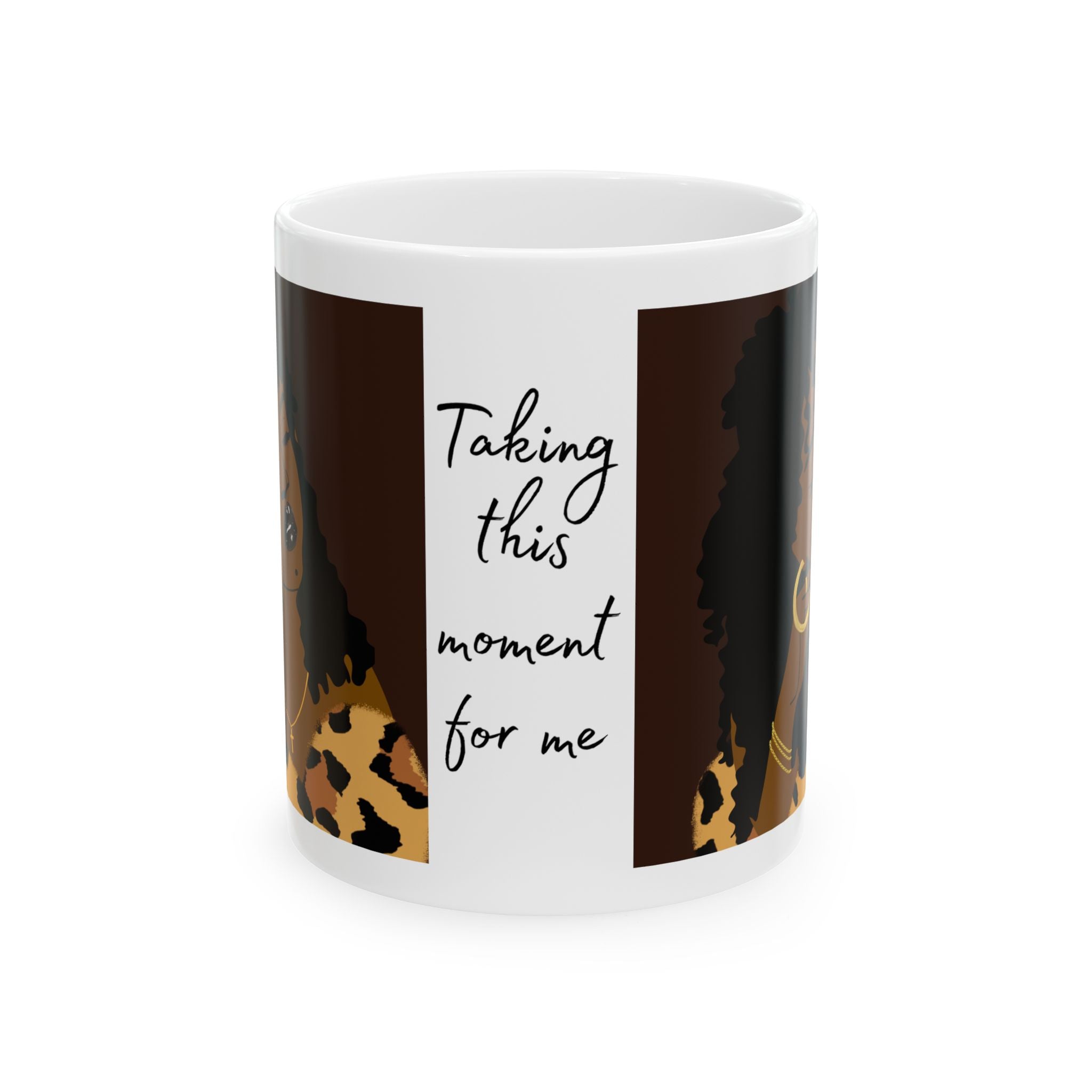Leopard Print Afro Ceramic Mug — Bold Black Woman Art Coffee Cup (11oz/15oz)